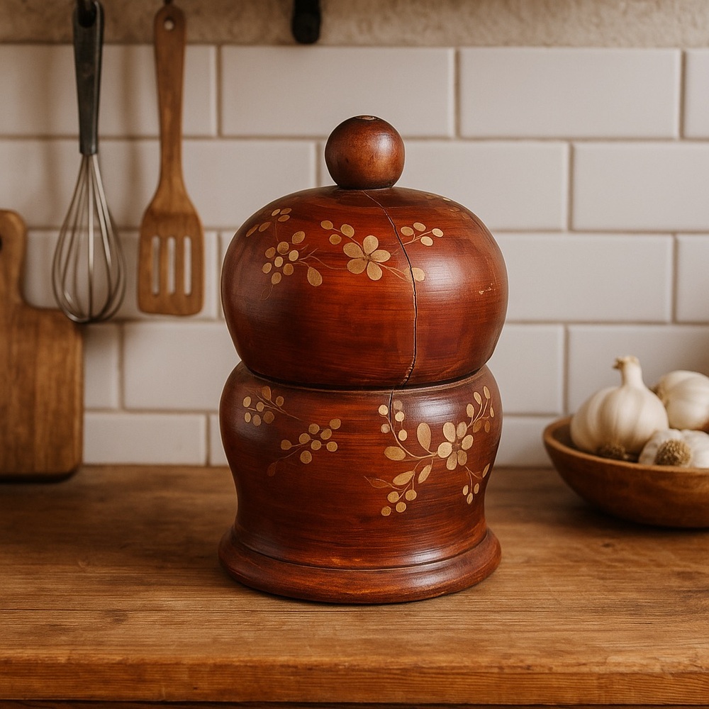 Vintage Hand-Carved Wooden Jar with Floral Inlay – Rustic‎ Boho Decor